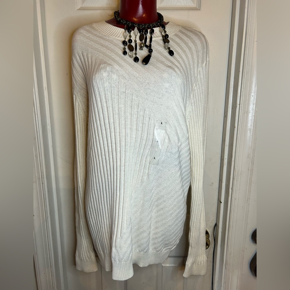 INC INTERNATIONAL CONCEPTS IVORY RIBBED SWEATER- CREW NECK - SIZE LARGE L